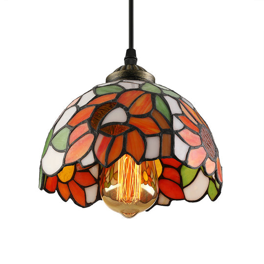 Tiffany-Style Stained Art Glass Hemisphere Pendant Lamp - Red/Orange/Green Ceiling Hanging Light