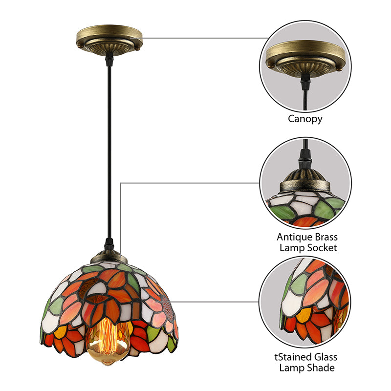 Tiffany-Style Stained Art Glass Hemisphere Pendant Lamp - Red/Orange/Green Ceiling Hanging Light