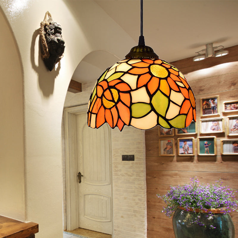 Tiffany-Style Stained Art Glass Hemisphere Pendant Lamp - Red/Orange/Green Ceiling Hanging Light