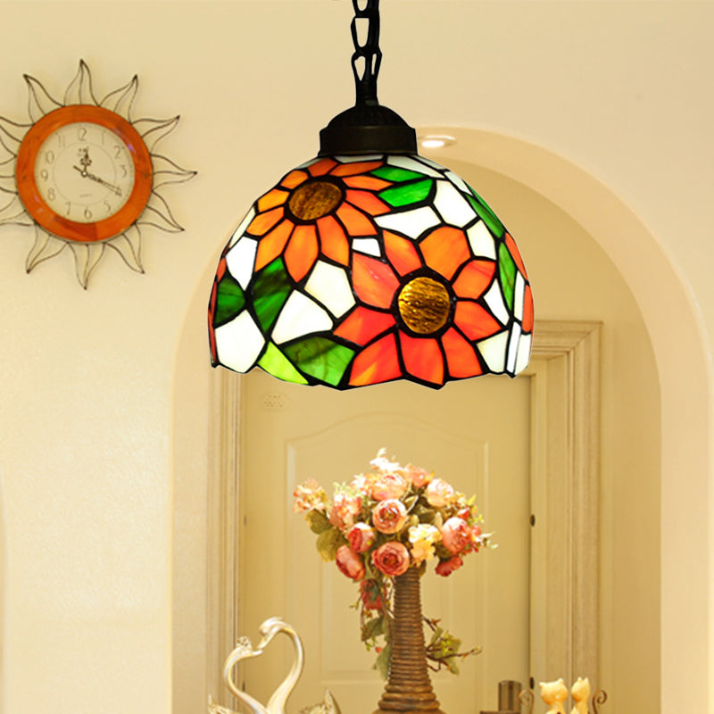 Tiffany-Style Stained Art Glass Hemisphere Pendant Lamp - Red/Orange/Green Ceiling Hanging Light