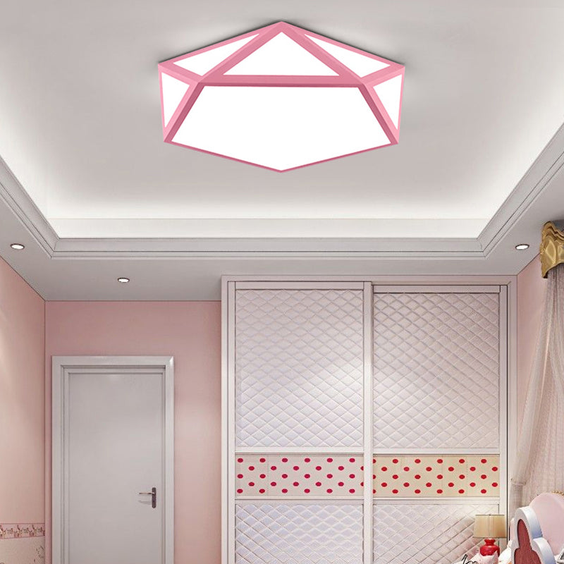 Kid Bedroom Macaron Acrylic Pentagon Ceiling Light With Metal Guard - Space-Saving Loft Mount Pink /
