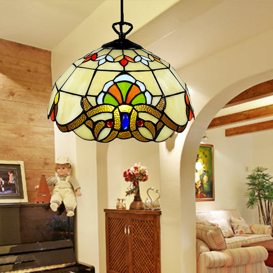 Stained Glass Victorian Kitchen Island Pendant Light - Adjustable Floral Ceiling Fixture In Yellow