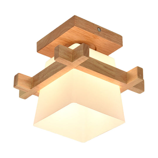 Trapezoid Opal Glass Pendant Light With Wood Deco – Japanese Style Ceiling Lamp For Bedroom