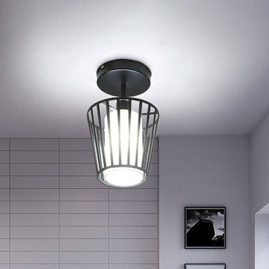 Black Metal Cage Ceiling Flush Mount Lamp With Conical/Cylindrical Shade - Simple Semi - Flushmount