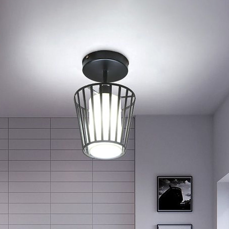Black Metal Cage Ceiling Flush Mount Lamp With Conical/Cylindrical Shade - Simple Semi-Flushmount