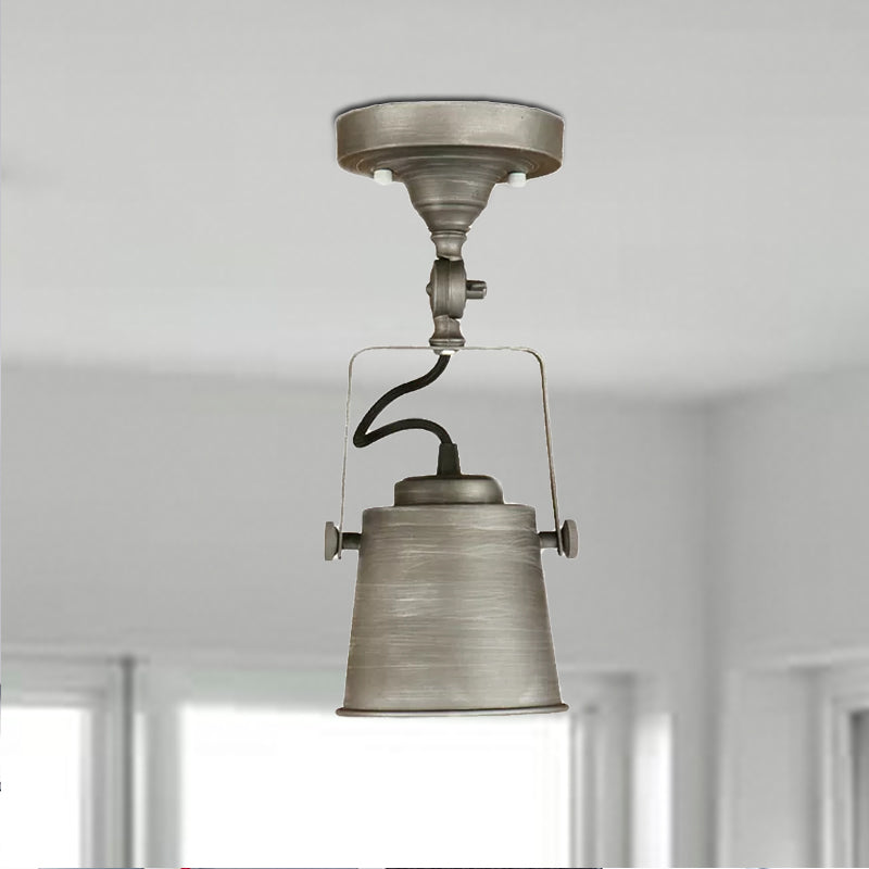 Antique Metal Bucket Shade Ceiling Lamp - Rotatable Semi Flush Pendant Light For Living Rooms 1