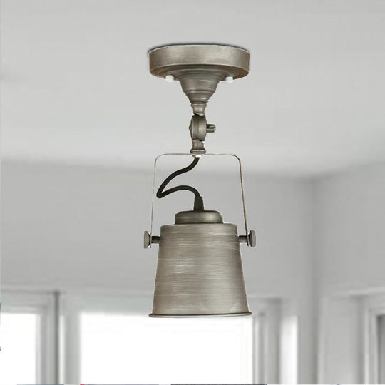 Antique Metal Bucket Shade Ceiling Lamp - Rotatable Semi Flush Pendant Light For Living Rooms 1