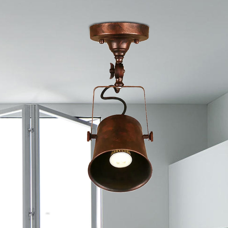 Antique Metal Bucket Shade Ceiling Lamp - Rotatable Semi Flush Pendant Light For Living Rooms 1