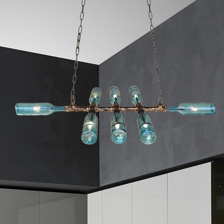 Blue/Amber Vintage Style Glass Bottle Chandelier Pendant Light With 8 Heads For Stairway