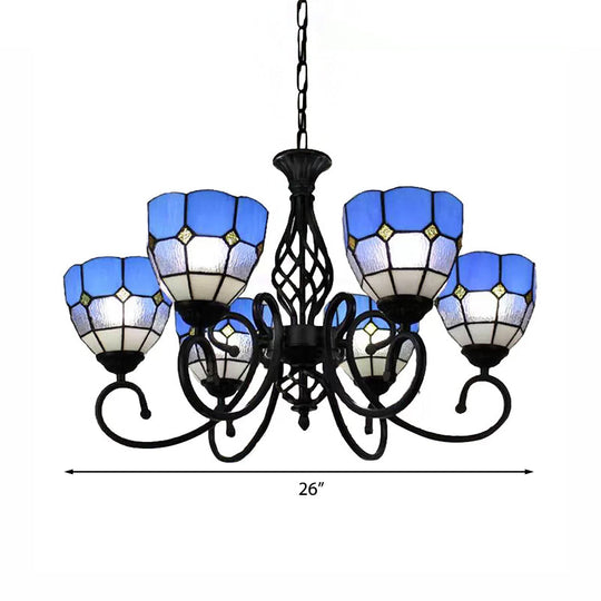 Blue Tiffany Chandelier With Art Glass Shades & Jewel Decor - 6 Light Pendant For Living Room