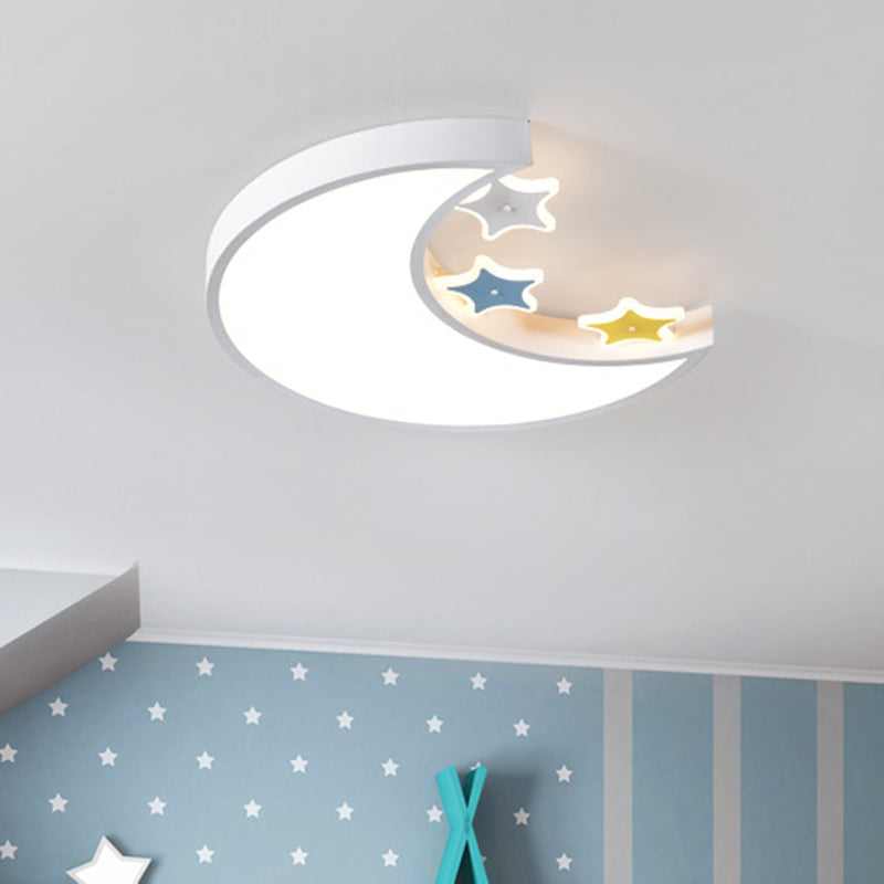 Kids Led Ceiling Light: White/Yellow Crescent & Star Flush Mount Lamp With Acrylic Shade