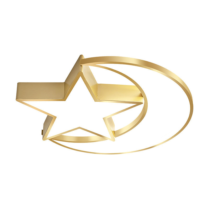 Minimalist Led Crescent And Star Metal Ceiling Lamp: Gold Flush Mount Lighting With Warm/White Light