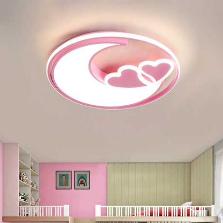 Nordic Black/Pink Led Playroom Ceiling Fixture With Crescent And Heart Acrylic Shade Pink