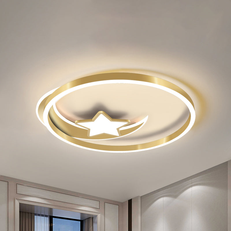 Nordic Led Gold Crescent And Star Ceiling Light With Acrylic Shade - Flush Mount Fixture