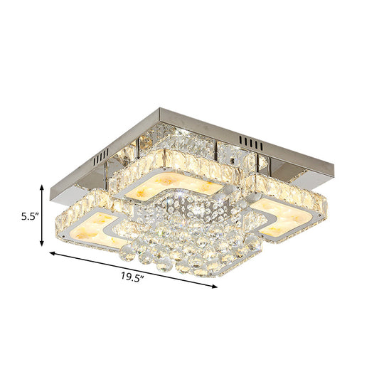 Contemporary Led Chrome Ceiling Fixture With Crystal Block & Orbs Square Semi Flush Design
