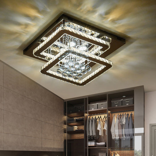Contemporary Square 2 - Tier Led Crystal Ceiling Lamp - Chrome Flush Light For Bedroom