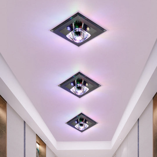 Contemporary Led Square Flushmount Light With Clear Crystals - Black Ideal For Corridor Ceiling