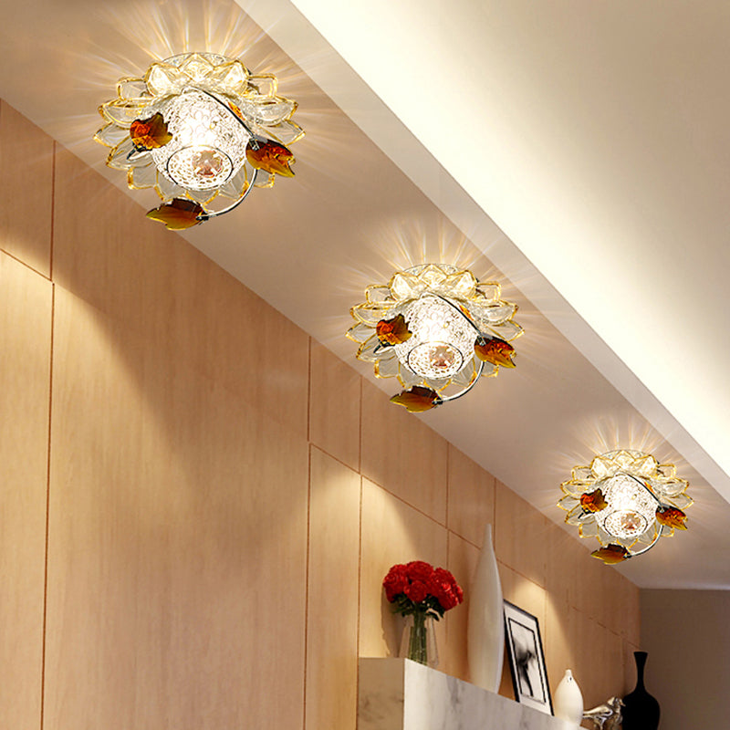 Modern Globe Flush Mount Ceiling Light With Crystal Maple Leaf Deco - Blue/Tan Warm/White 1 Bulb