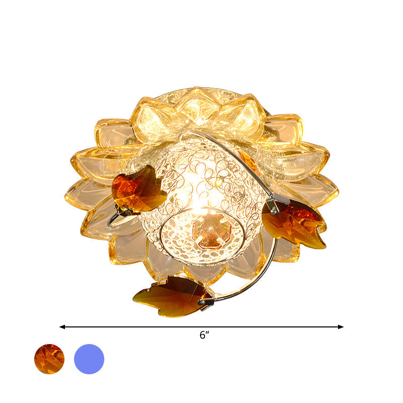 Modern Globe Flush Mount Ceiling Light With Crystal Maple Leaf Deco - Blue/Tan Warm/White 1 Bulb