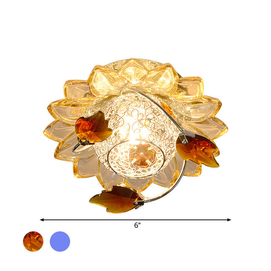 Modern Globe Flush Mount Ceiling Light With Crystal Maple Leaf Deco - Blue/Tan Warm/White 1 Bulb