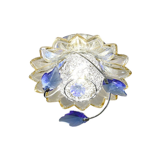 Modern Globe Flush Mount Ceiling Light With Crystal Maple Leaf Deco - Blue/Tan Warm/White 1 Bulb