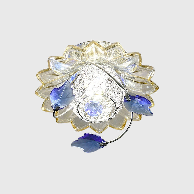 Modern Globe Flush Mount Ceiling Light With Crystal Maple Leaf Deco - Blue/Tan Warm/White 1 Bulb