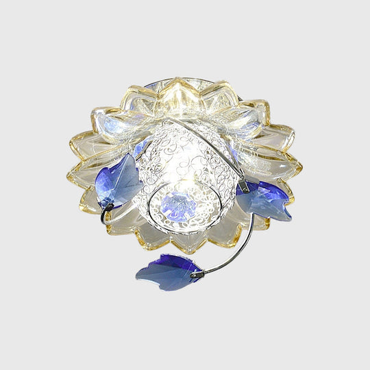 Modern Globe Flush Mount Ceiling Light With Crystal Maple Leaf Deco - Blue/Tan Warm/White 1 Bulb