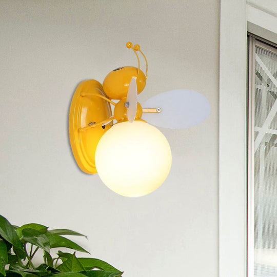 Opaline Glass Ball Wall Sconce With Bee Design - Pink/Yellow Cartoon Lamp 1 Light