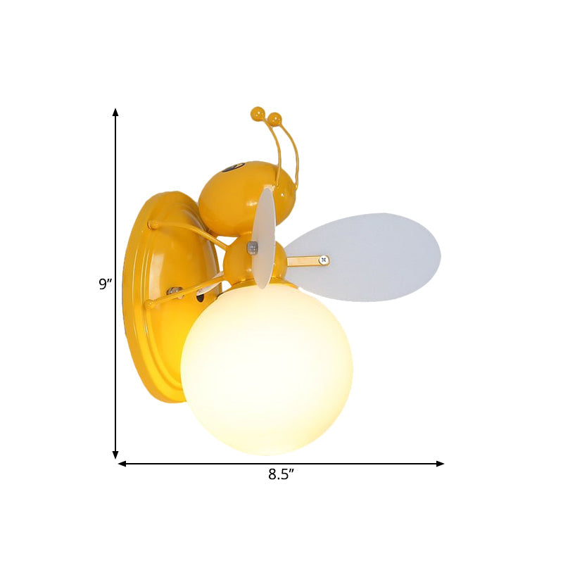 Opaline Glass Ball Wall Sconce With Bee Design - Pink/Yellow Cartoon Lamp 1 Light