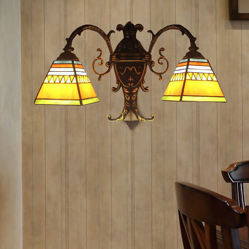 Stained Glass Pyramid Wall Lamp With 2 Heads - White/Blue/Yellow Ideal For Corridor Lighting