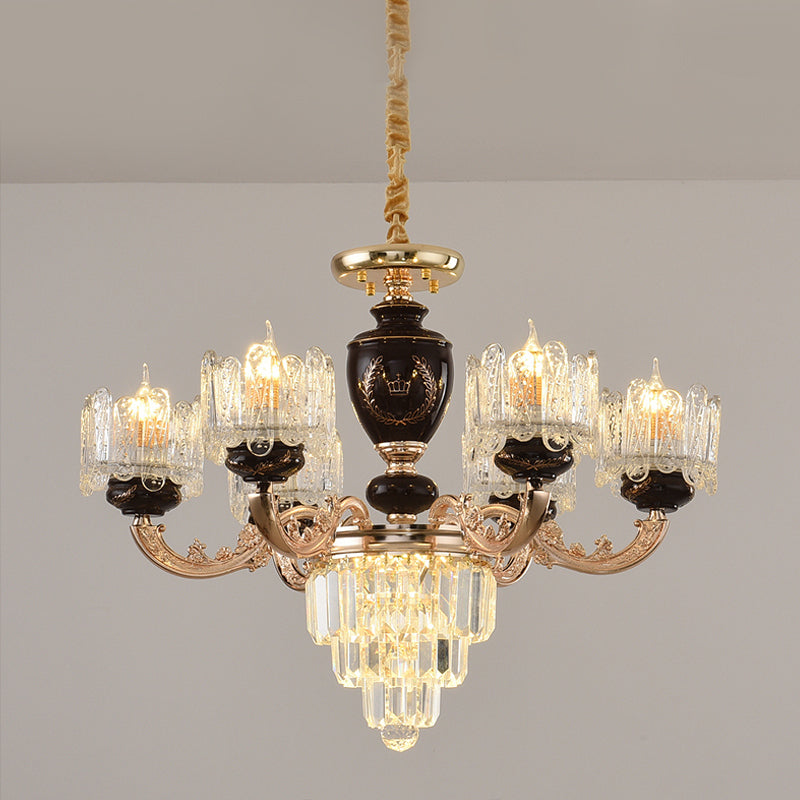 Gold 3-Tier Crystal Chandelier With 6 Bulbs And Clear Glass Shades