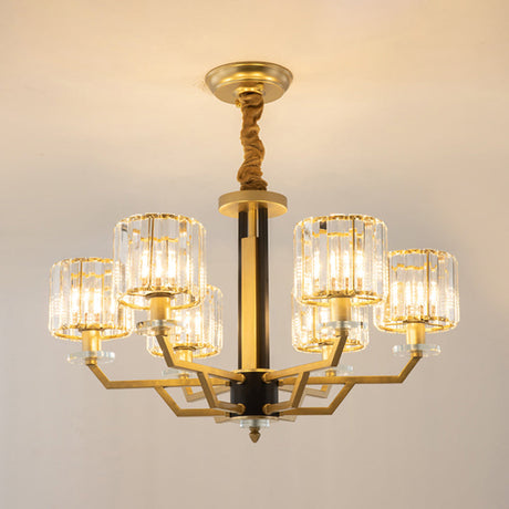 Minimalist Gold Chandelier With Cylinder Prisms - 3/6 Heads Dining Room Suspension Lamp