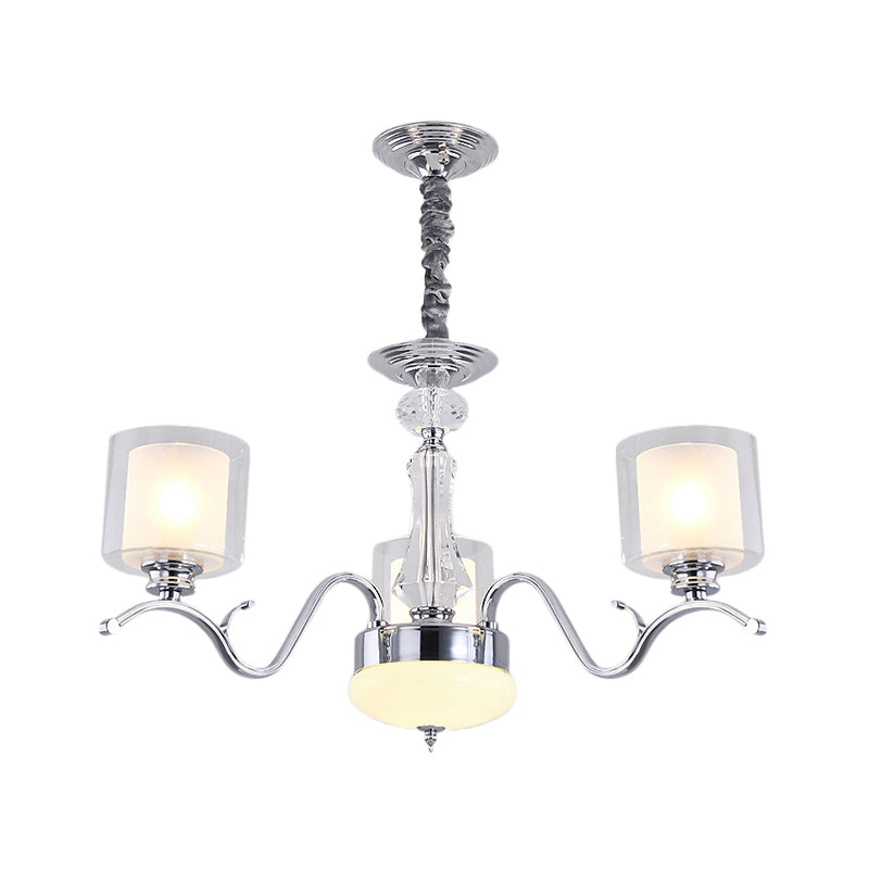 Modern Chrome Dual Cylinder Chandelier With 3 Bulbs Clear And Opal Glass - Ceiling Hanging Fixture