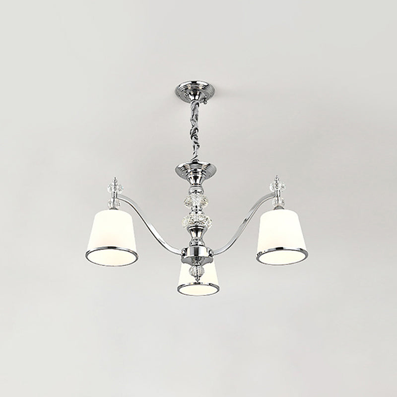 White Glass Minimalist Pendant Chandelier With Chrome Finish - Conical Design 3/6 Heads Down