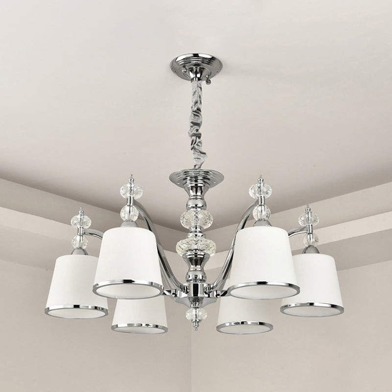 White Glass Minimalist Pendant Chandelier With Chrome Finish - Conical Design 3/6 Heads Down