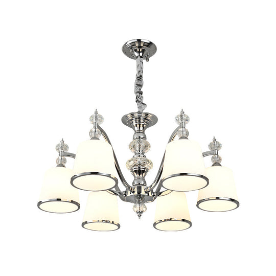 White Glass Minimalist Pendant Chandelier With Chrome Finish - Conical Design 3/6 Heads Down