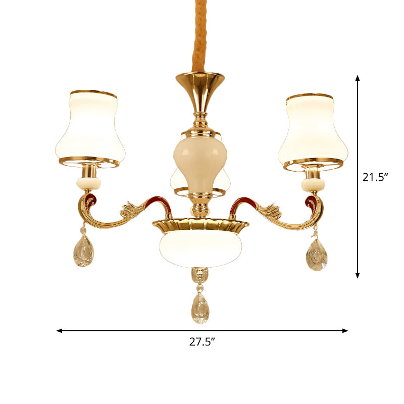 Contemporary Opal Glass Curved Cone Chandelier Light With Crystal Drop Deco - Gold Finish 3/6 Bulbs