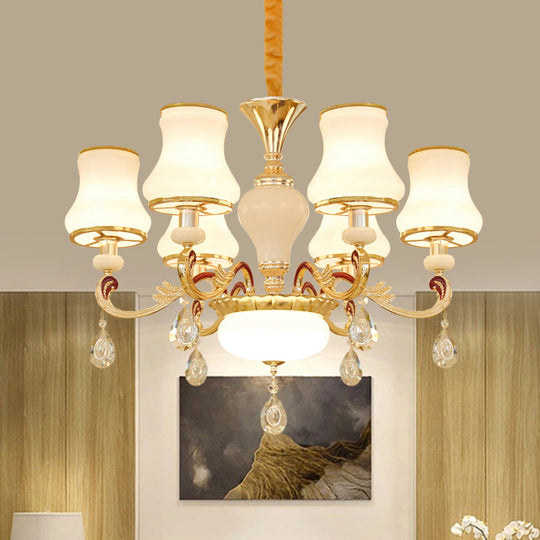 Contemporary Opal Glass Curved Cone Chandelier Light With Crystal Drop Deco - Gold Finish 3/6 Bulbs
