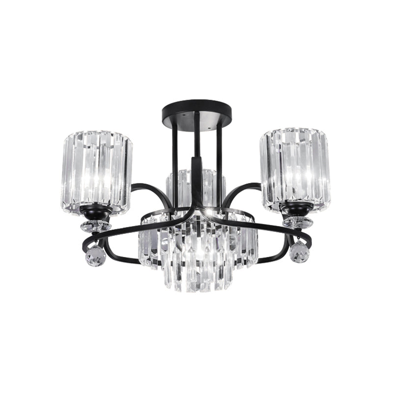 Modernist Crystal Prisms Cylindrical Suspension Lamp - 4-Bulb Black Ceiling Chandelier For Drawing