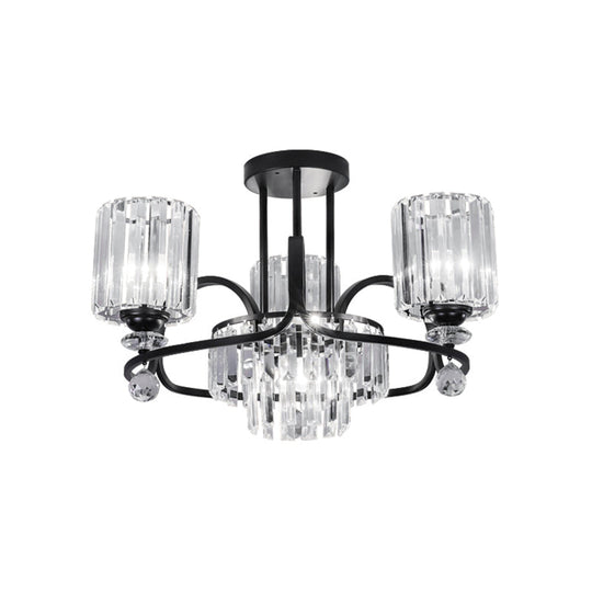 Modernist Crystal Prisms Cylindrical Suspension Lamp - 4-Bulb Black Ceiling Chandelier For Drawing