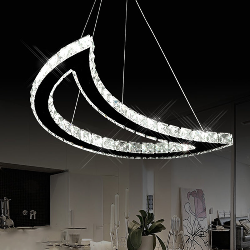 Crystal Block Crescent Ceiling Lamp: Simplicity Stainless-Steel Led Pendant Chandelier In