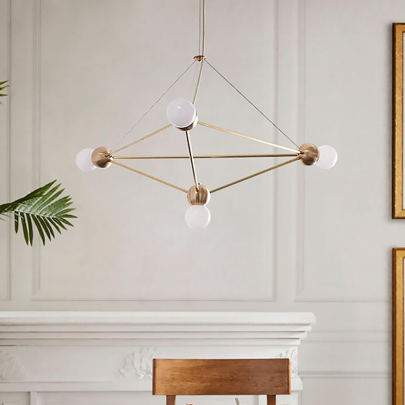 Modo Pendant Chandelier White Glass 4-Light Modern Suspension Lamp With Geometric Cage - Living Room