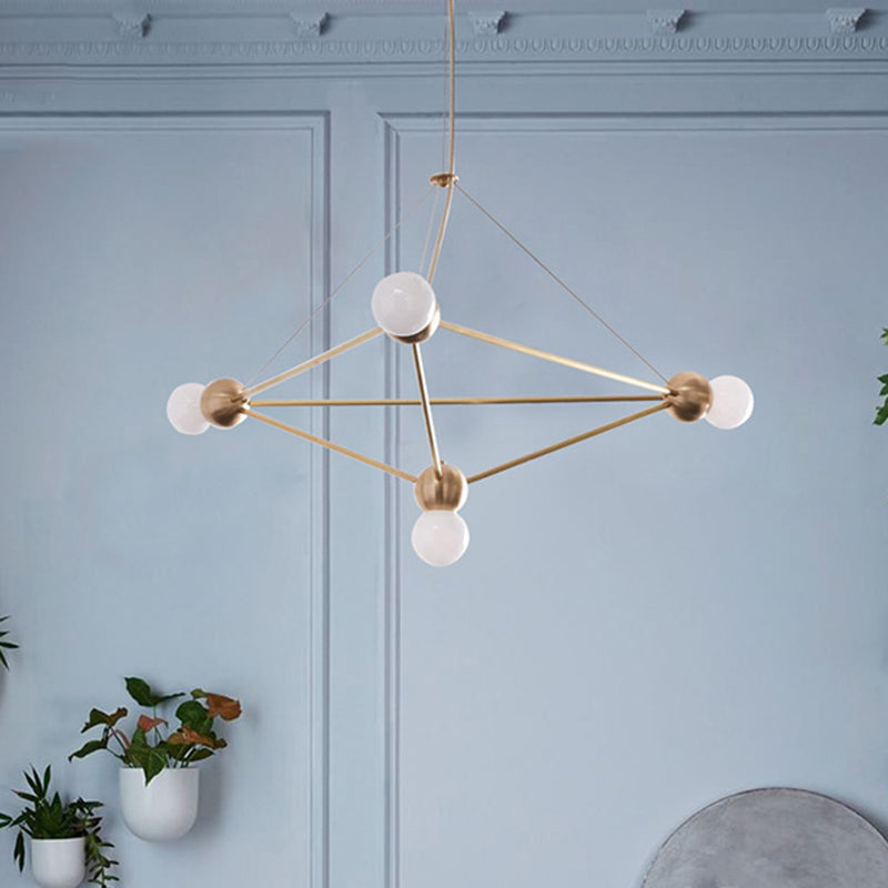 Modern White Glass Pendant Chandelier - 4-Head Suspension Lamp With Geometric Cage