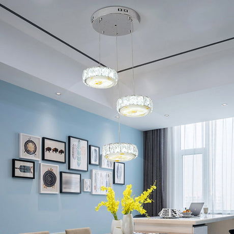 Modern Led Hanging Lamp Kit With Crystal Circle And Jade Flower Design In Chrome