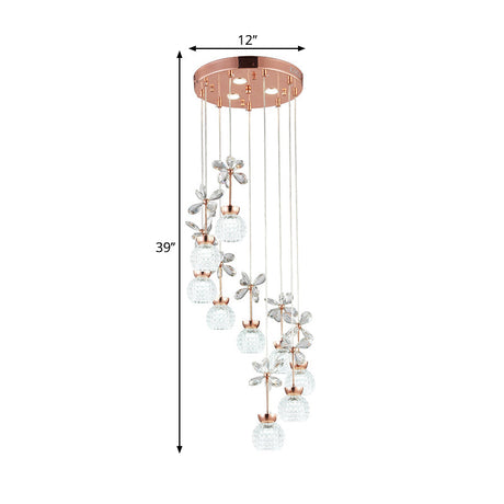 Gold Spiral Multi Pendant Ceiling Lamp - Modernist Lattice Glass 9 Bulbs Warm/White Light