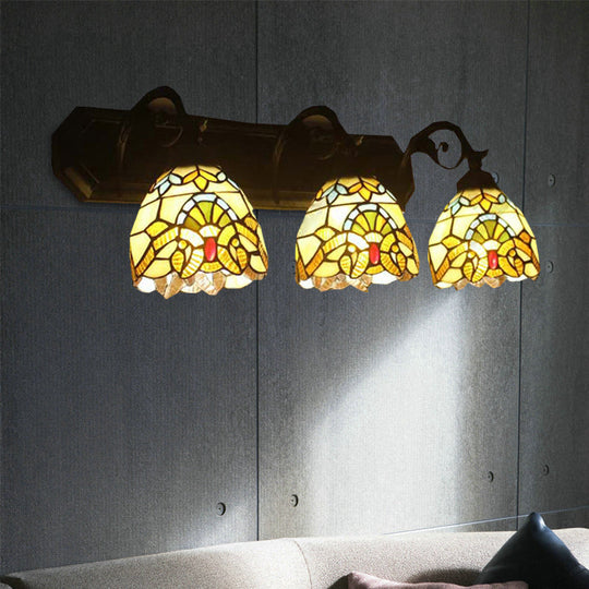 Mermaid/Arc Arm Baroque Style Stained Glass Wall Sconce Light Fixture With 3 Dome Lights - Brown
