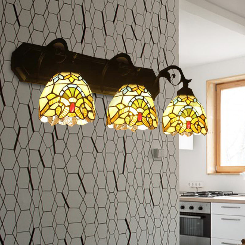 Mermaid/Arc Arm Baroque Style Stained Glass Wall Sconce Light Fixture With 3 Dome Lights - Brown