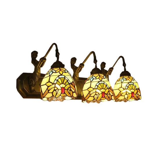 Mermaid/Arc Arm Baroque Style Stained Glass Wall Sconce Light Fixture With 3 Dome Lights - Brown