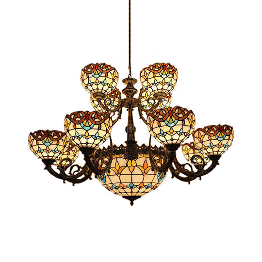 Extra Large Baroque Style 26/13-Light Chandelier With Art Glass Pendants In Brown For Living Room