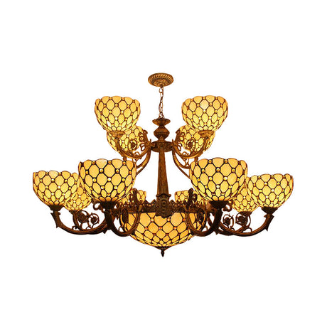 Traditional Beige Stained Glass Chandelier - Bowl Pendant Light With Multi Bead Accent